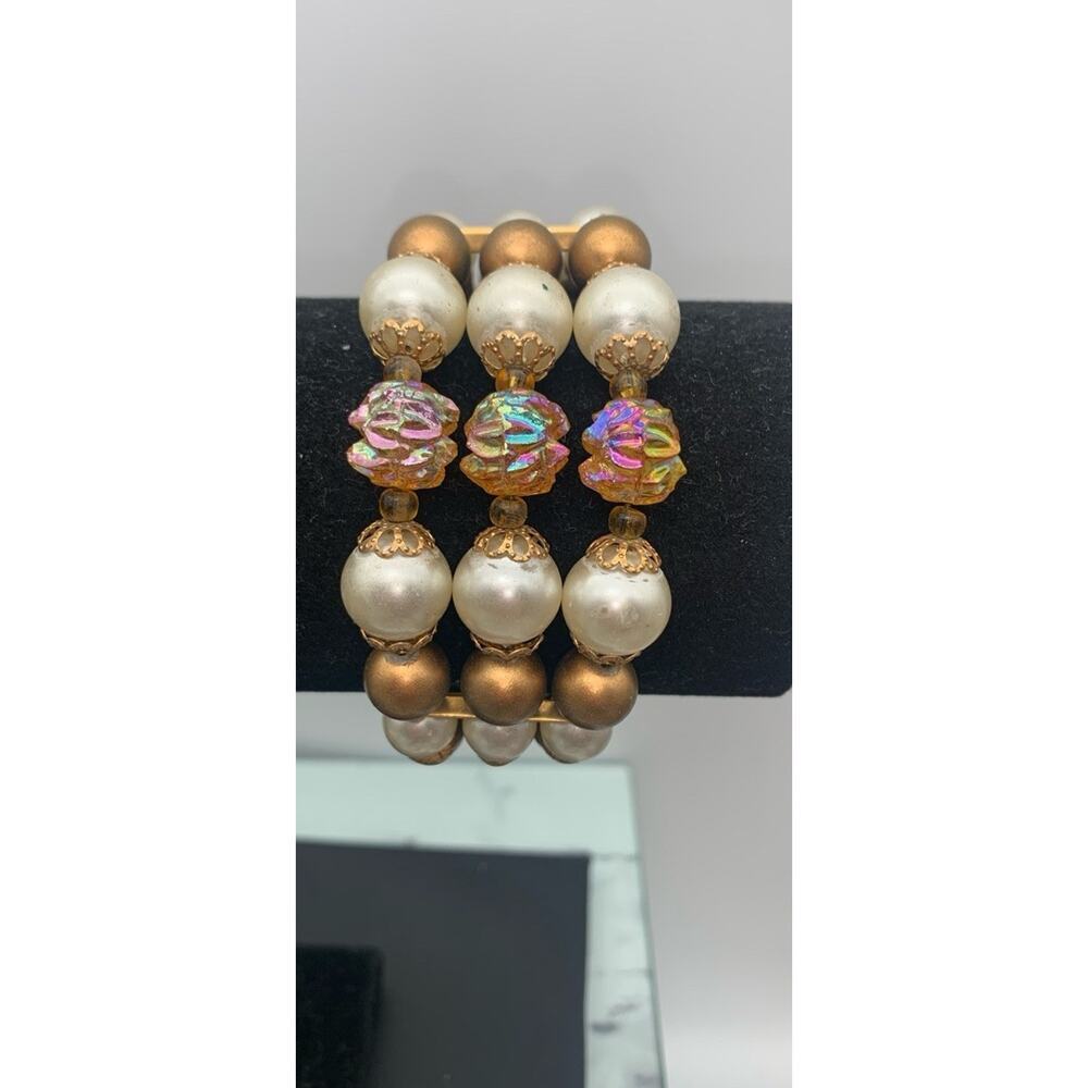 Vintage Faux Ivory & Gold Pearl Bracelet With AB Accent Beaded 3 Layer Bracelet